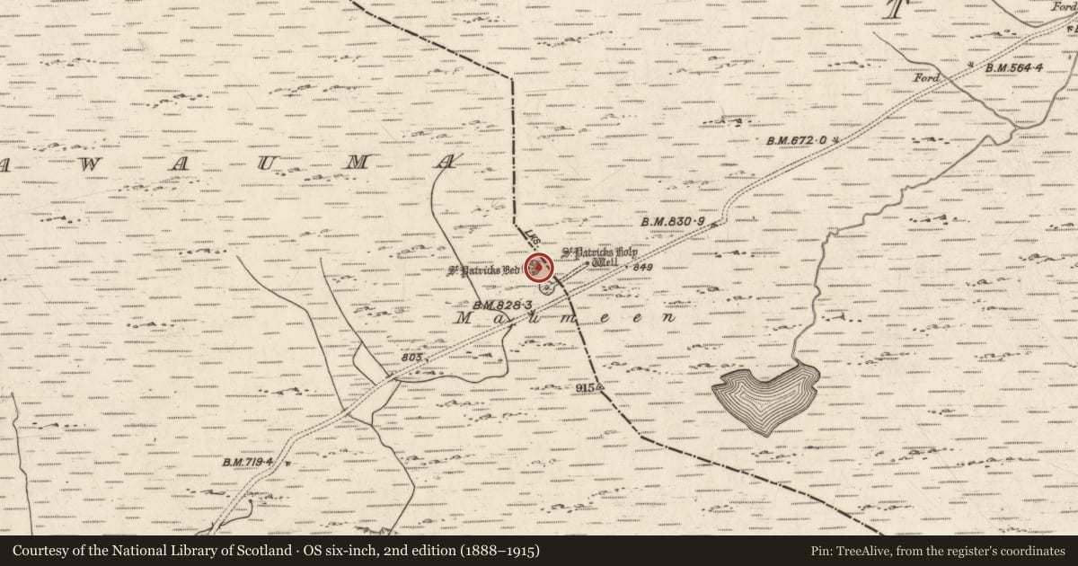 Ordnance Survey six-inch map, 2nd edition (1888–1915) covering the location of Penitential station, Doire Bhéal An Mháma, County Galway, with a pin at the register's coordinates