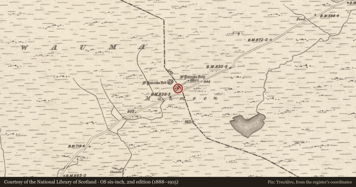 Ordnance Survey six-inch map, 2nd edition (1888–1915) covering the location of Penitential station, Doire Bhéal An Mháma, County Galway, with a pin at the register's coordinates