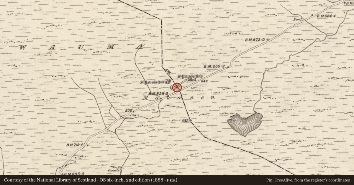 Ordnance Survey six-inch map, 2nd edition (1888–1915) covering the location of Penitential station, Doire Bhéal An Mháma, County Galway, with a pin at the register's coordinates