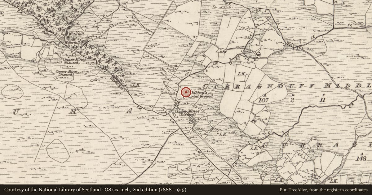 Ordnance Survey six-inch map, 2nd edition (1888–1915) covering the location of Children's burial ground, Curraghduff Middle, County Galway, with a pin at the register's coordinates