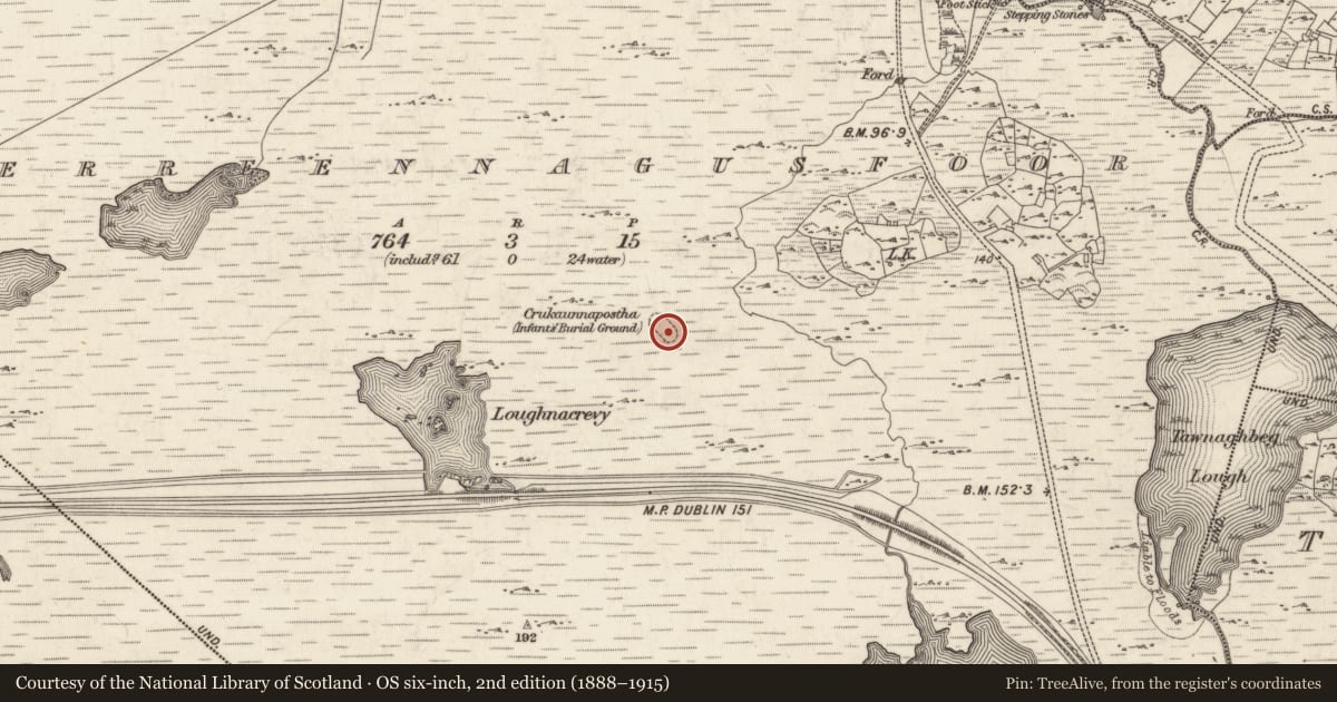 Ordnance Survey six-inch map, 2nd edition (1888–1915) covering the location of Children's burial ground, Derreennagusfoor, County Galway, with a pin at the register's coordinates