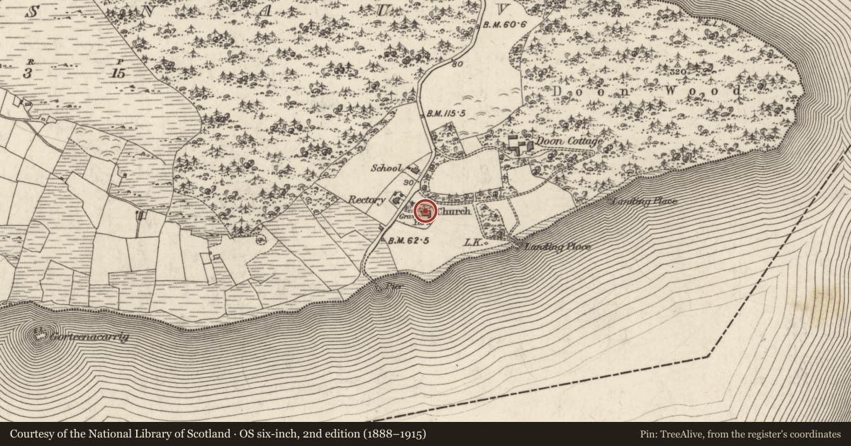 Ordnance Survey six-inch map, 2nd edition (1888–1915) covering the location of Church, Droim Snámha, County Galway, with a pin at the register's coordinates