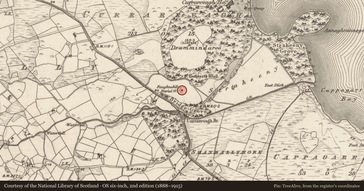 Ordnance Survey six-inch map, 2nd edition (1888–1915) covering the location of Graveyard, An Chorr Riabhach, County Galway, with a pin at the register's coordinates