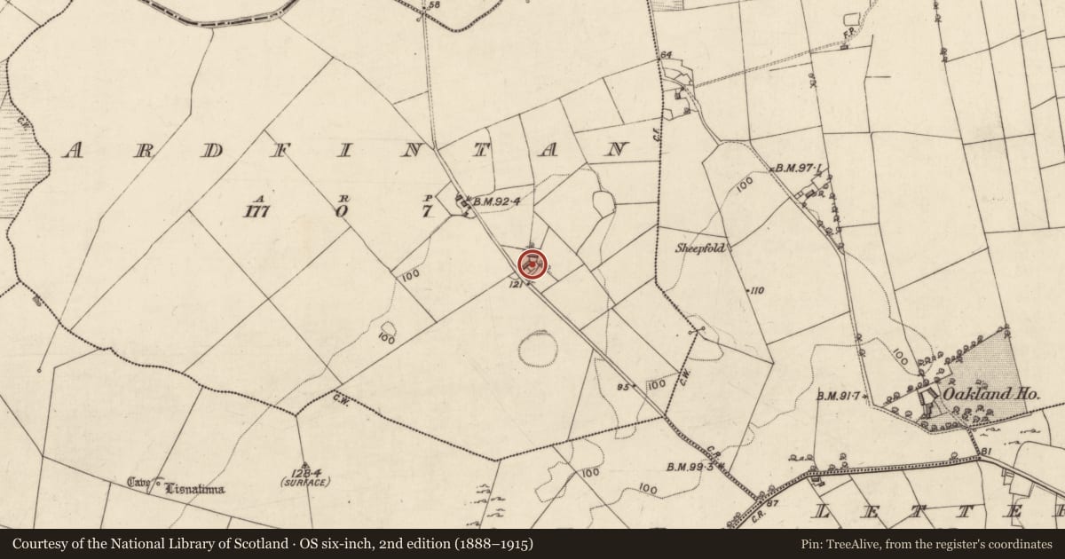 Ordnance Survey six-inch map, 2nd edition (1888–1915) covering the location of Font (present location), Ardfintan, County Galway, with a pin at the register's coordinates