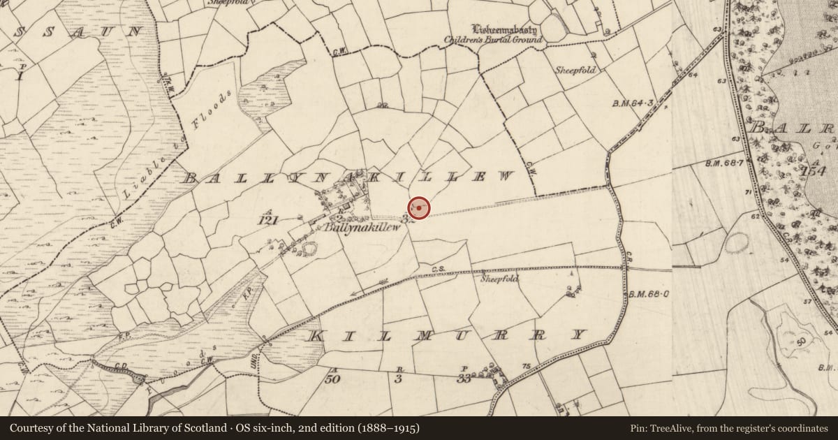 Ordnance Survey six-inch map, 2nd edition (1888–1915) covering the location of Burial, Ballynakillew, County Galway, with a pin at the register's coordinates