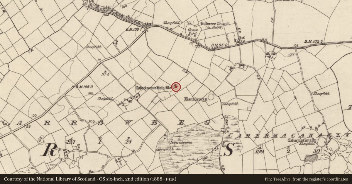 Ordnance Survey six-inch map, 2nd edition (1888–1915) covering the location of Ritual site - holy well, Carrowbeg, County Galway, with a pin at the register's coordinates