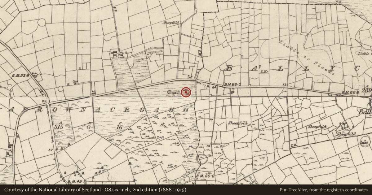 Ordnance Survey six-inch map, 2nd edition (1888–1915) covering the location of Enclosure, Carrownacroagh, County Galway, with a pin at the register's coordinates