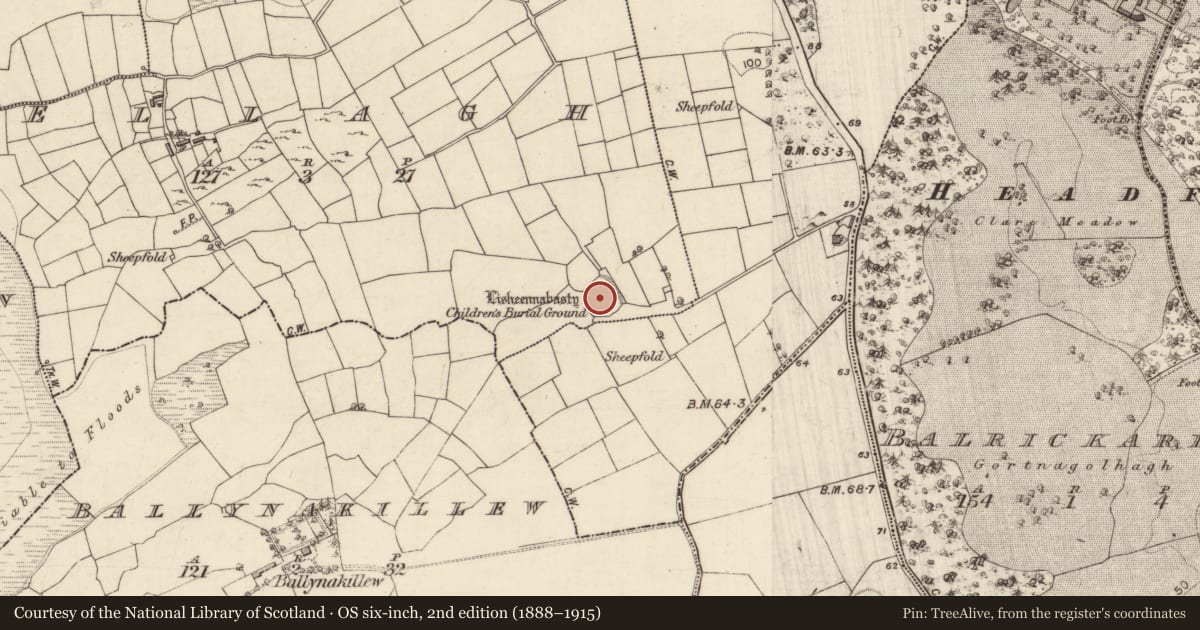 Ordnance Survey six-inch map, 2nd edition (1888–1915) covering the location of Children's burial ground, Ellagh, County Galway, with a pin at the register's coordinates