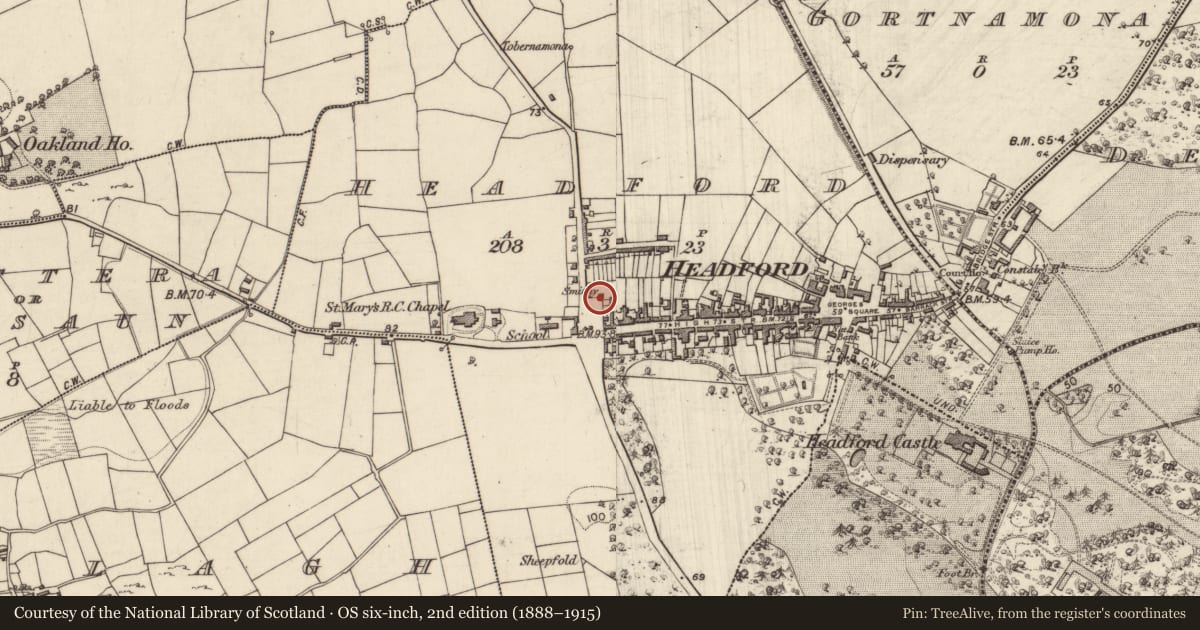 Ordnance Survey six-inch map, 2nd edition (1888–1915) covering the location of Forge, Headford, County Galway, with a pin at the register's coordinates