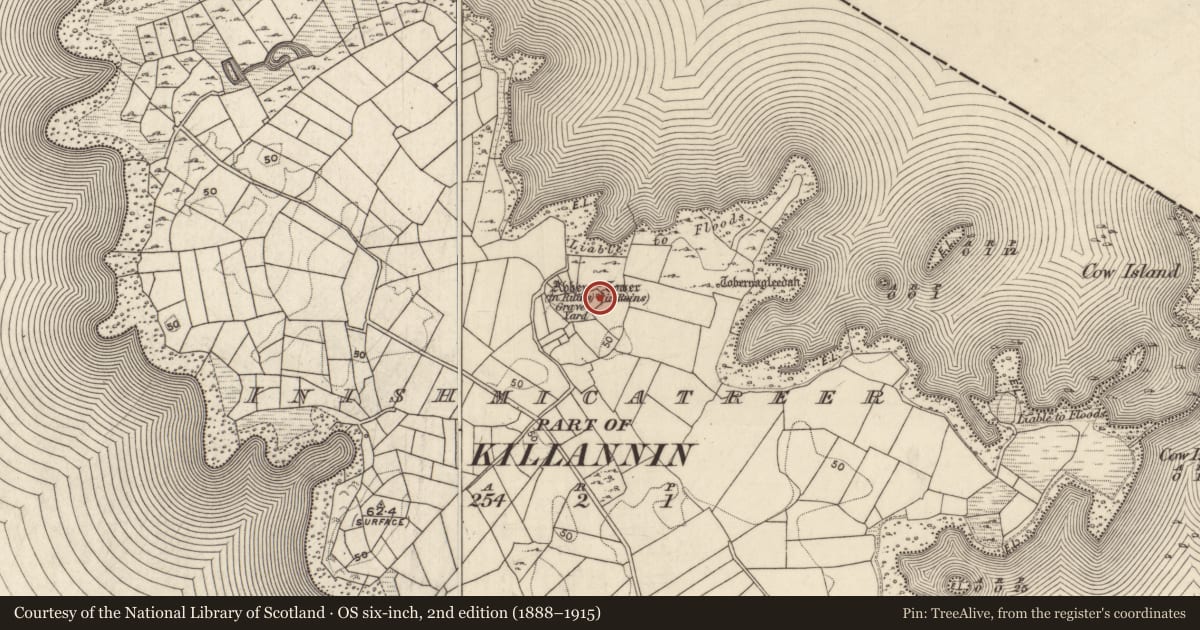 Ordnance Survey six-inch map, 2nd edition (1888–1915) covering the location of Building, Inis Mhic An Trír, County Galway, with a pin at the register's coordinates