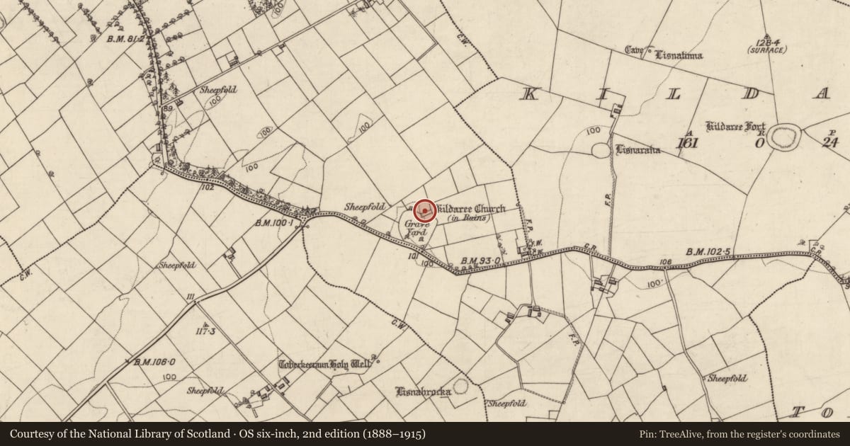 Ordnance Survey six-inch map, 2nd edition (1888–1915) covering the location of Church, Ower, County Galway, with a pin at the register's coordinates