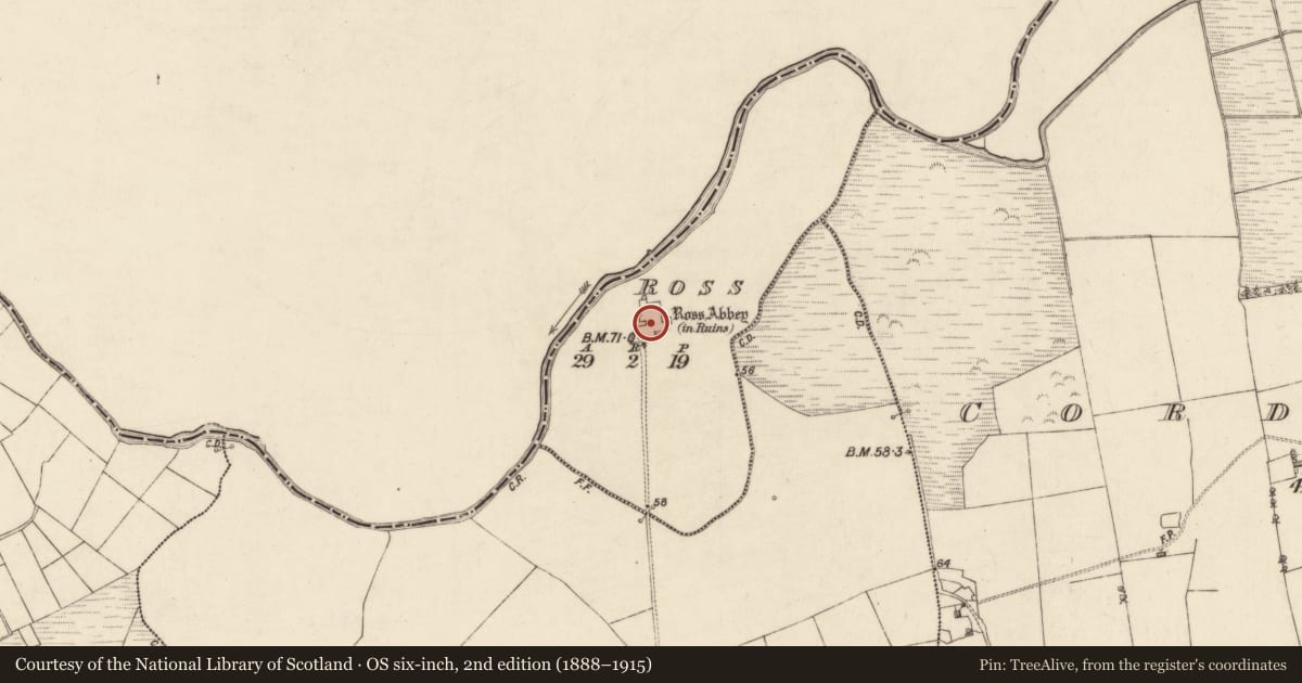 Ordnance Survey six-inch map, 2nd edition (1888–1915) covering the location of Font, Ross, County Galway, with a pin at the register's coordinates