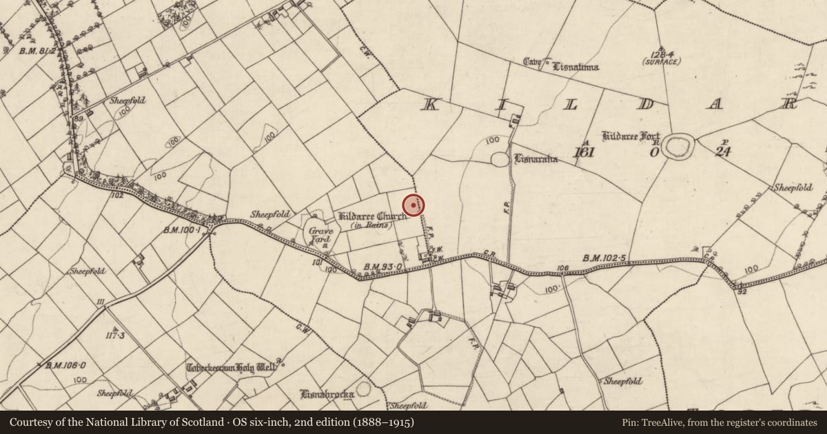 Ordnance Survey six-inch map, 2nd edition (1888–1915) covering the location of Megalithic structure, Ower, County Galway, with a pin at the register's coordinates