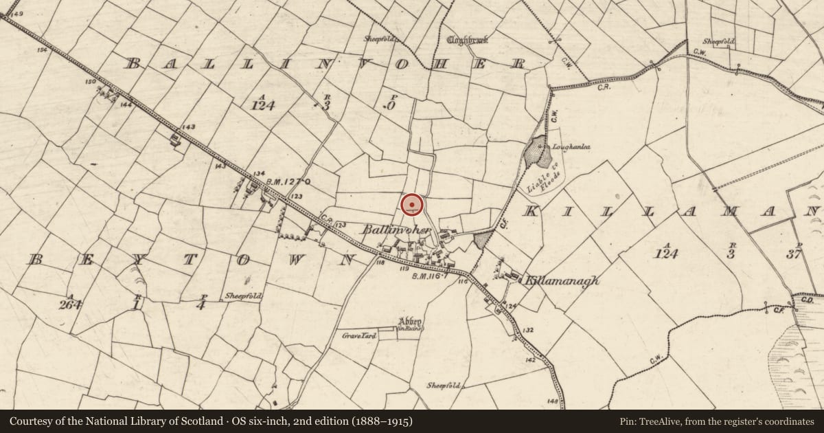 Ordnance Survey six-inch map, 2nd edition (1888–1915) covering the location of Standing stone, Ballinvoher, County Galway, with a pin at the register's coordinates