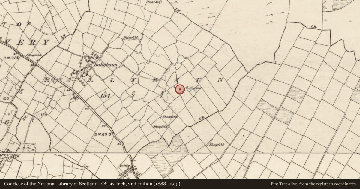 Ordnance Survey six-inch map, 2nd edition (1888–1915) covering the location of Ringfort - cashel, Ballybaun, County Galway, with a pin at the register's coordinates