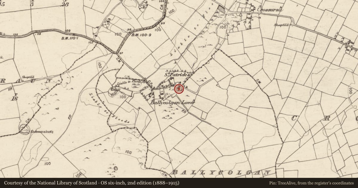 Ordnance Survey six-inch map, 2nd edition (1888–1915) covering the location of Mass-rock, Ballycolgan, County Galway, with a pin at the register's coordinates