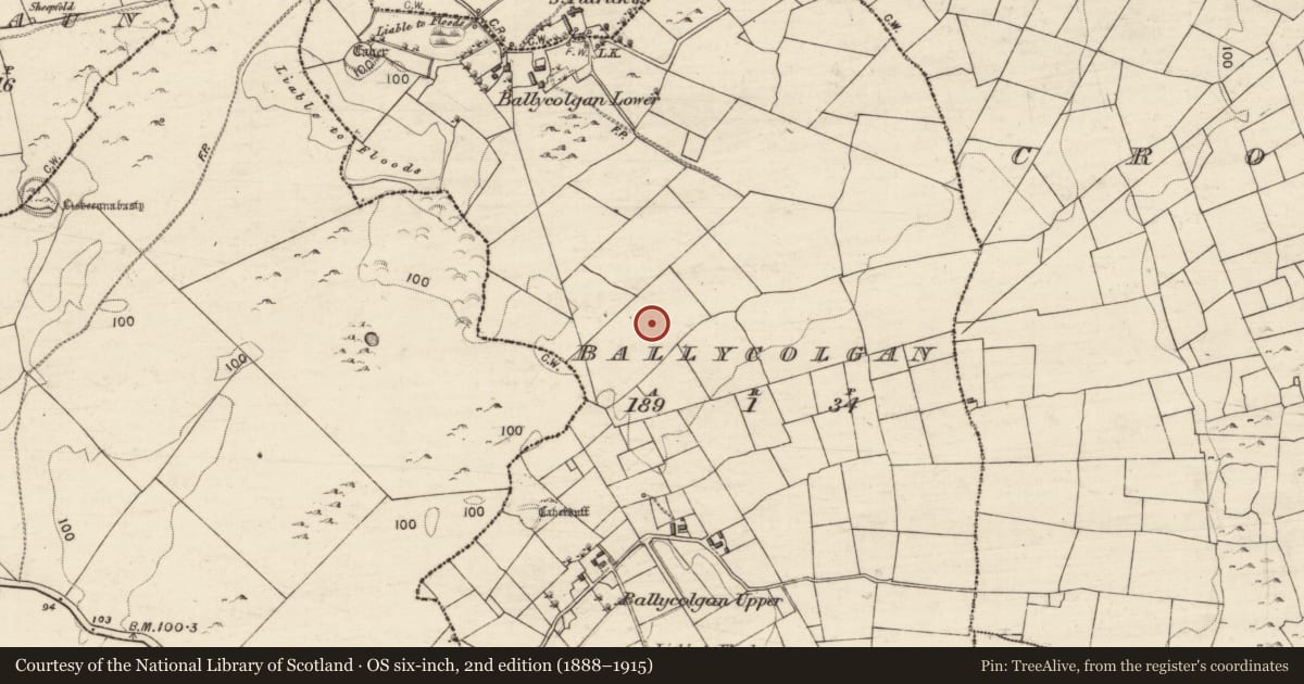 Ordnance Survey six-inch map, 2nd edition (1888–1915) covering the location of Burial, Ballycolgan, County Galway, with a pin at the register's coordinates