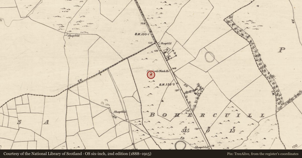 Ordnance Survey six-inch map, 2nd edition (1888–1915) covering the location of Watchtower, Bohercuill, County Galway, with a pin at the register's coordinates