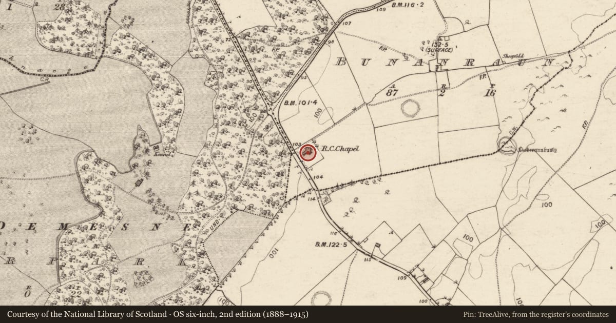 Ordnance Survey six-inch map, 2nd edition (1888–1915) covering the location of Church, Bunanraun, County Galway, with a pin at the register's coordinates