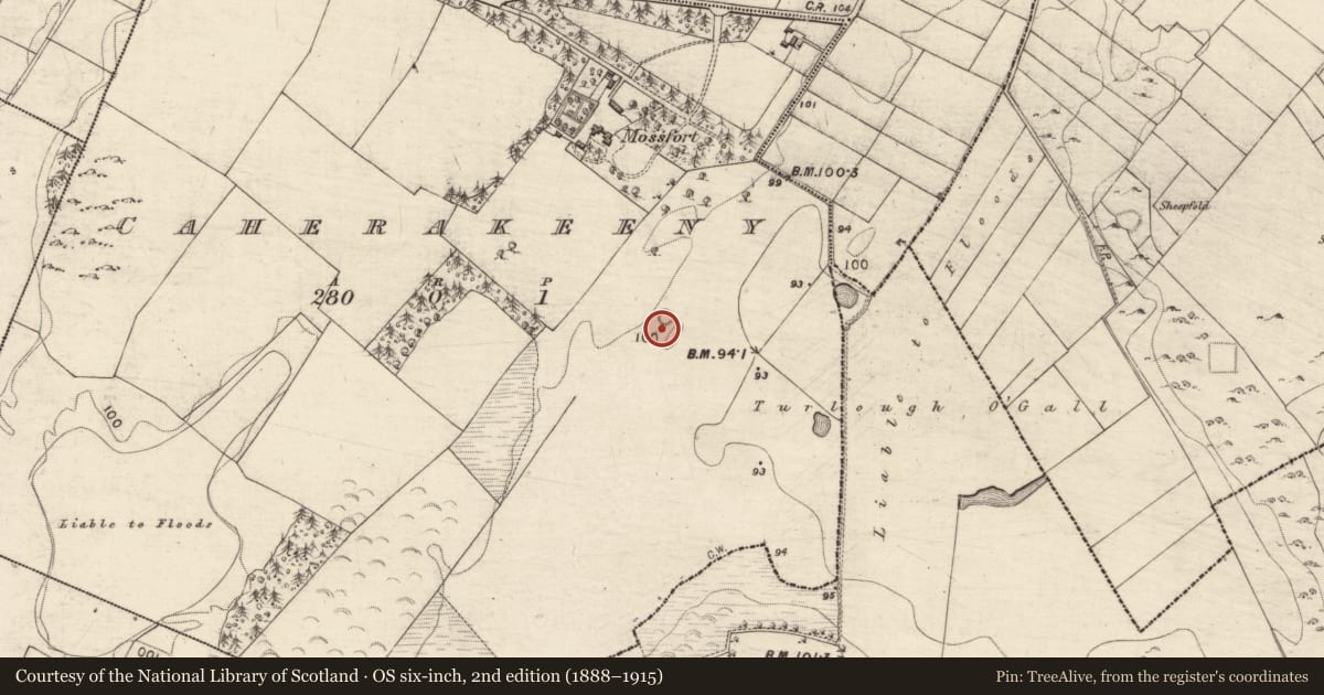 Ordnance Survey six-inch map, 2nd edition (1888–1915) covering the location of Enclosure, Caherakeeny, County Galway, with a pin at the register's coordinates
