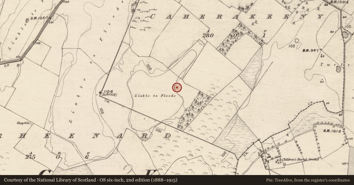 Ordnance Survey six-inch map, 2nd edition (1888–1915) covering the location of Enclosure, Caherakeeny, County Galway, with a pin at the register's coordinates