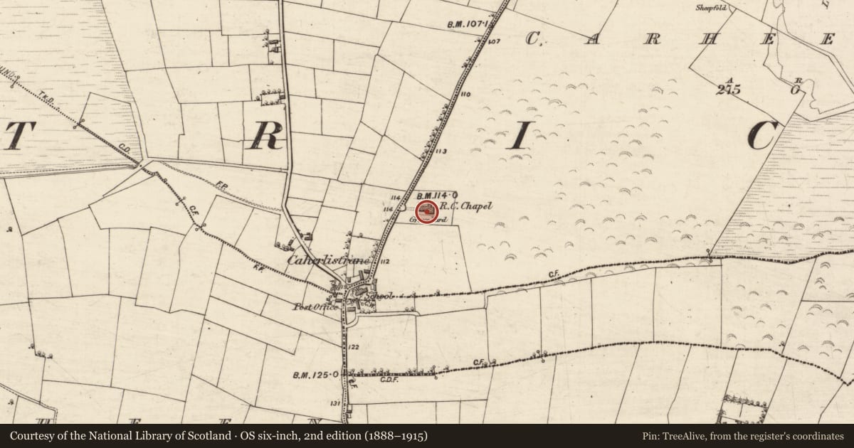 Ordnance Survey six-inch map, 2nd edition (1888–1915) covering the location of Church, Carheenard, County Galway, with a pin at the register's coordinates