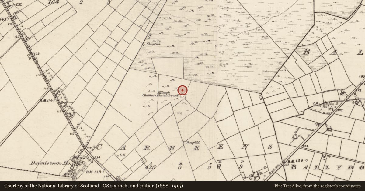 Ordnance Survey six-inch map, 2nd edition (1888–1915) covering the location of Children's burial ground, Carheens, County Galway, with a pin at the register's coordinates