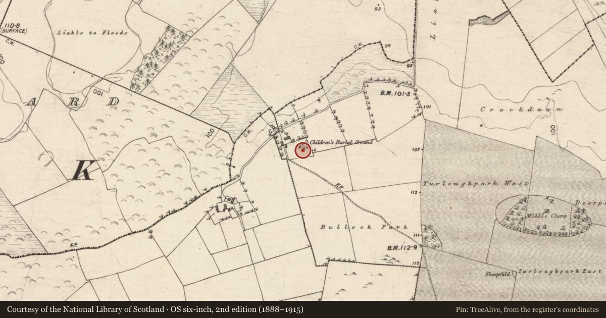 Ordnance Survey six-inch map, 2nd edition (1888–1915) covering the location of Children's burial ground, Castlehacket, County Galway, with a pin at the register's coordinates