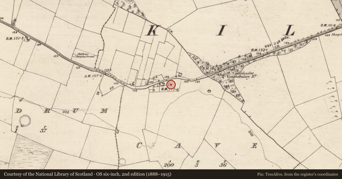 Ordnance Survey six-inch map, 2nd edition (1888–1915) covering the location of Ringfort - unclassified, Cave, County Galway, with a pin at the register's coordinates