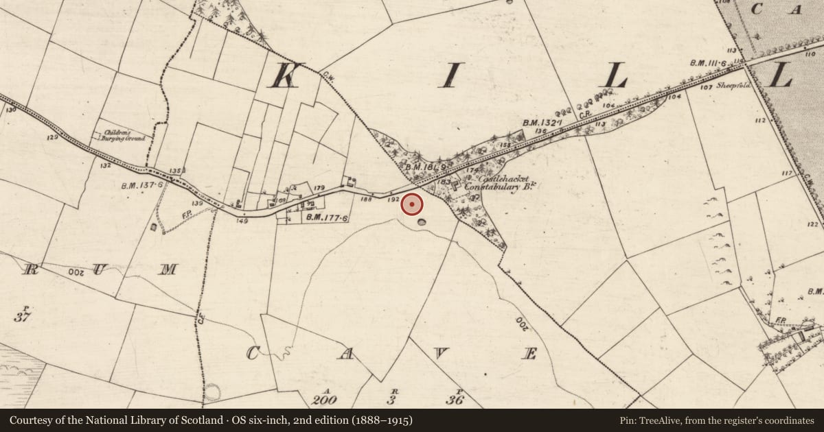 Ordnance Survey six-inch map, 2nd edition (1888–1915) covering the location of Enclosure, Cave, County Galway, with a pin at the register's coordinates