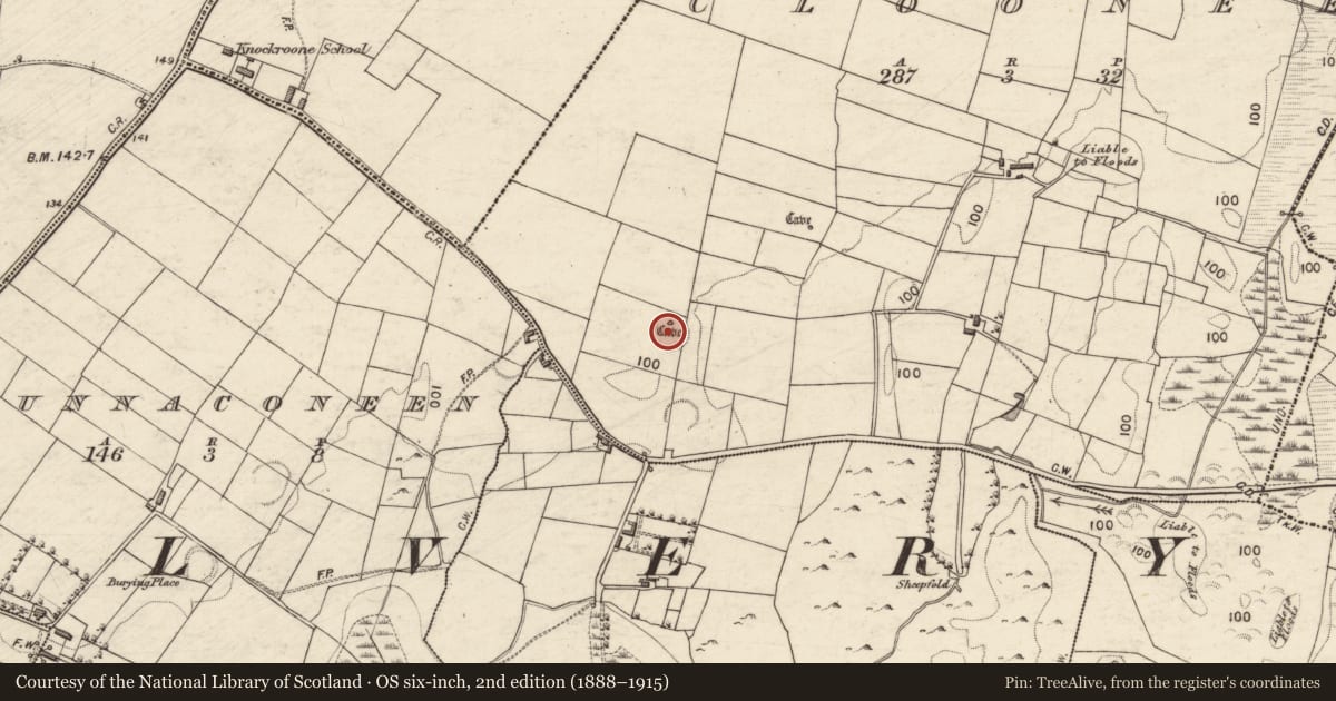 Ordnance Survey six-inch map, 2nd edition (1888–1915) covering the location of Souterrain, Cloonee, County Galway, with a pin at the register's coordinates