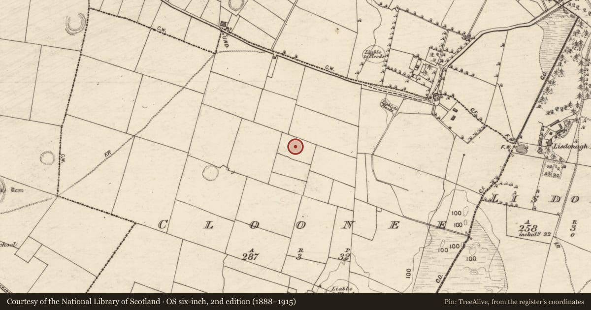Ordnance Survey six-inch map, 2nd edition (1888–1915) covering the location of Earthwork, Cloonee, County Galway, with a pin at the register's coordinates
