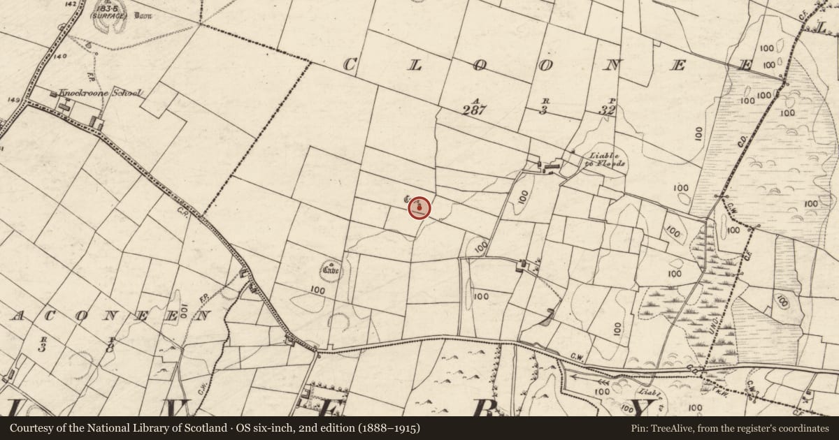Ordnance Survey six-inch map, 2nd edition (1888–1915) covering the location of Souterrain, Cloonee, County Galway, with a pin at the register's coordinates