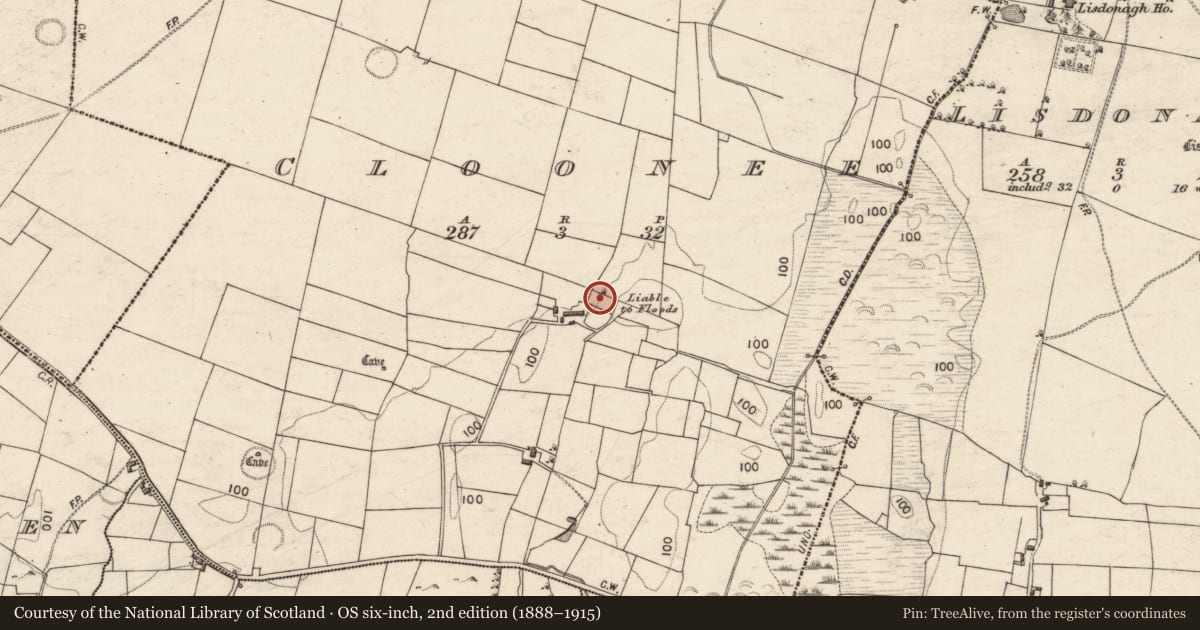 Ordnance Survey six-inch map, 2nd edition (1888–1915) covering the location of Designed landscape - folly, Cloonee, County Galway, with a pin at the register's coordinates