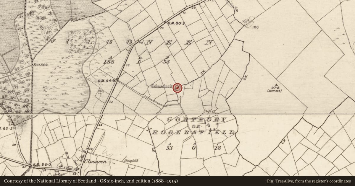 Ordnance Survey six-inch map, 2nd edition (1888–1915) covering the location of Ringfort - cashel, Clooneen, Gortrory Or Rogersfield, County Galway, with a pin at the register's coordinates