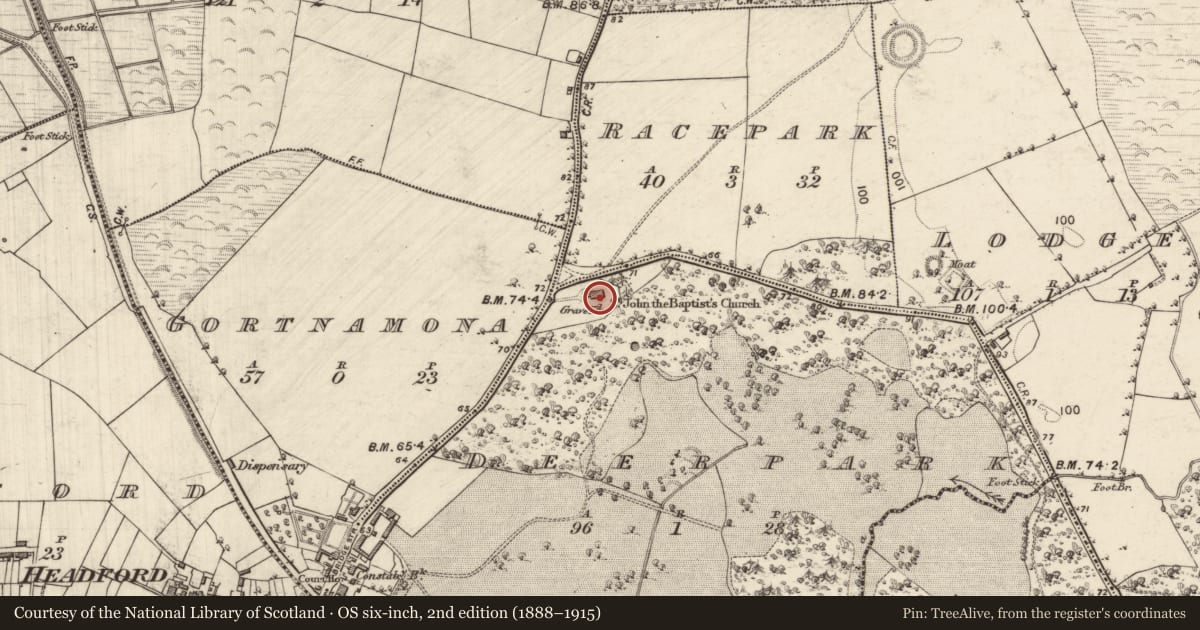 Ordnance Survey six-inch map, 2nd edition (1888–1915) covering the location of Church, Deerpark, County Galway, with a pin at the register's coordinates