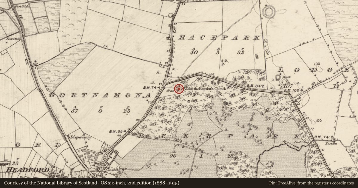 Ordnance Survey six-inch map, 2nd edition (1888–1915) covering the location of Graveyard, Deerpark, County Galway, with a pin at the register's coordinates
