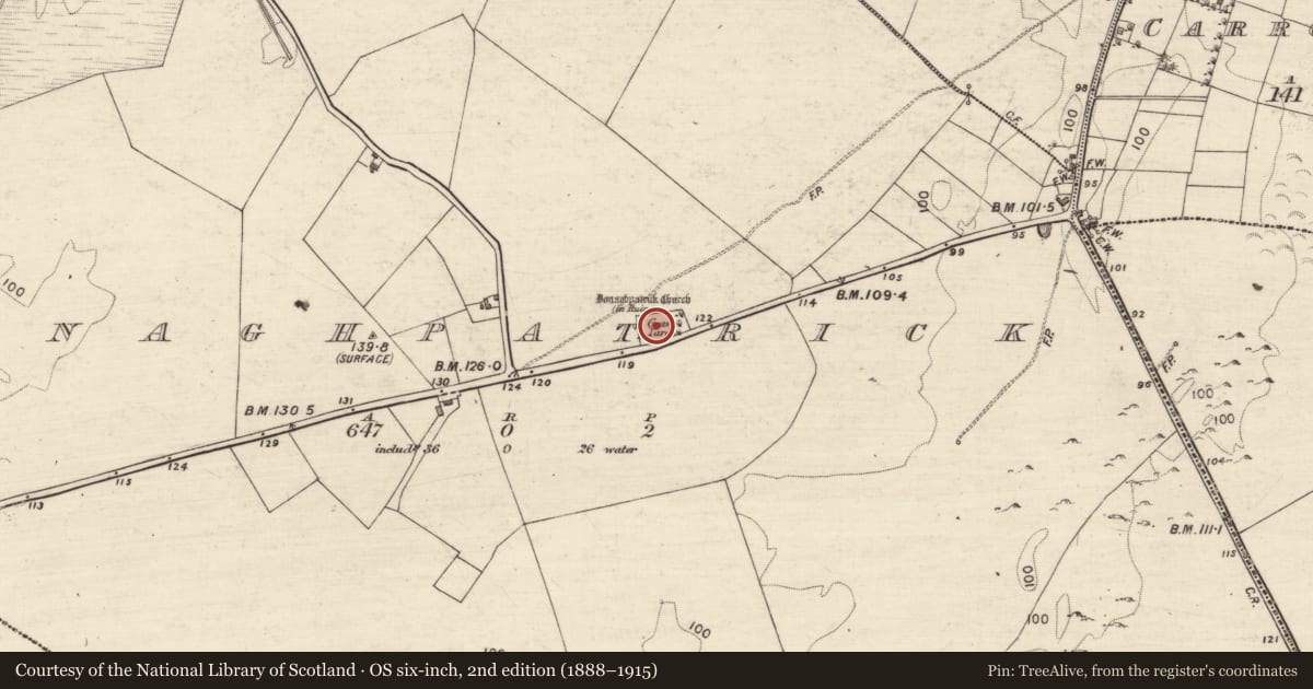 Ordnance Survey six-inch map, 2nd edition (1888–1915) covering the location of Church, Donaghpatrick, County Galway, with a pin at the register's coordinates