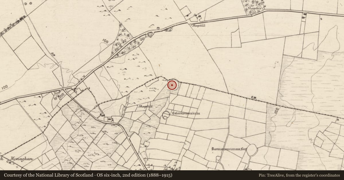 Ordnance Survey six-inch map, 2nd edition (1888–1915) covering the location of Souterrain, Fearagha, County Galway, with a pin at the register's coordinates