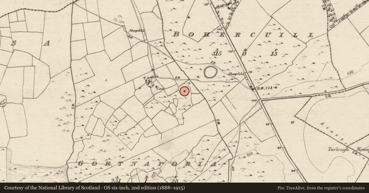 Ordnance Survey six-inch map, 2nd edition (1888–1915) covering the location of Ringfort - cashel, Gortnaporia, County Galway, with a pin at the register's coordinates