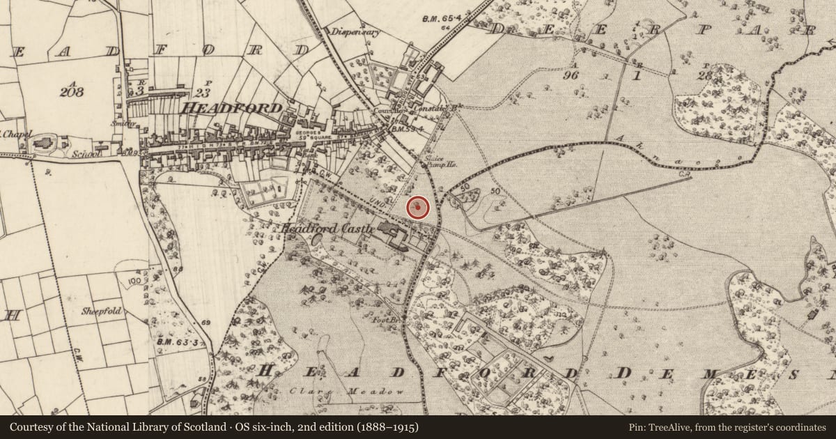 Ordnance Survey six-inch map, 2nd edition (1888–1915) covering the location of Designed landscape feature, Headford, County Galway, with a pin at the register's coordinates