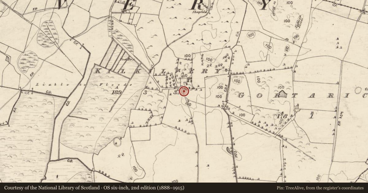 Ordnance Survey six-inch map, 2nd edition (1888–1915) covering the location of Children's burial ground, Kilkilvery, County Galway, with a pin at the register's coordinates