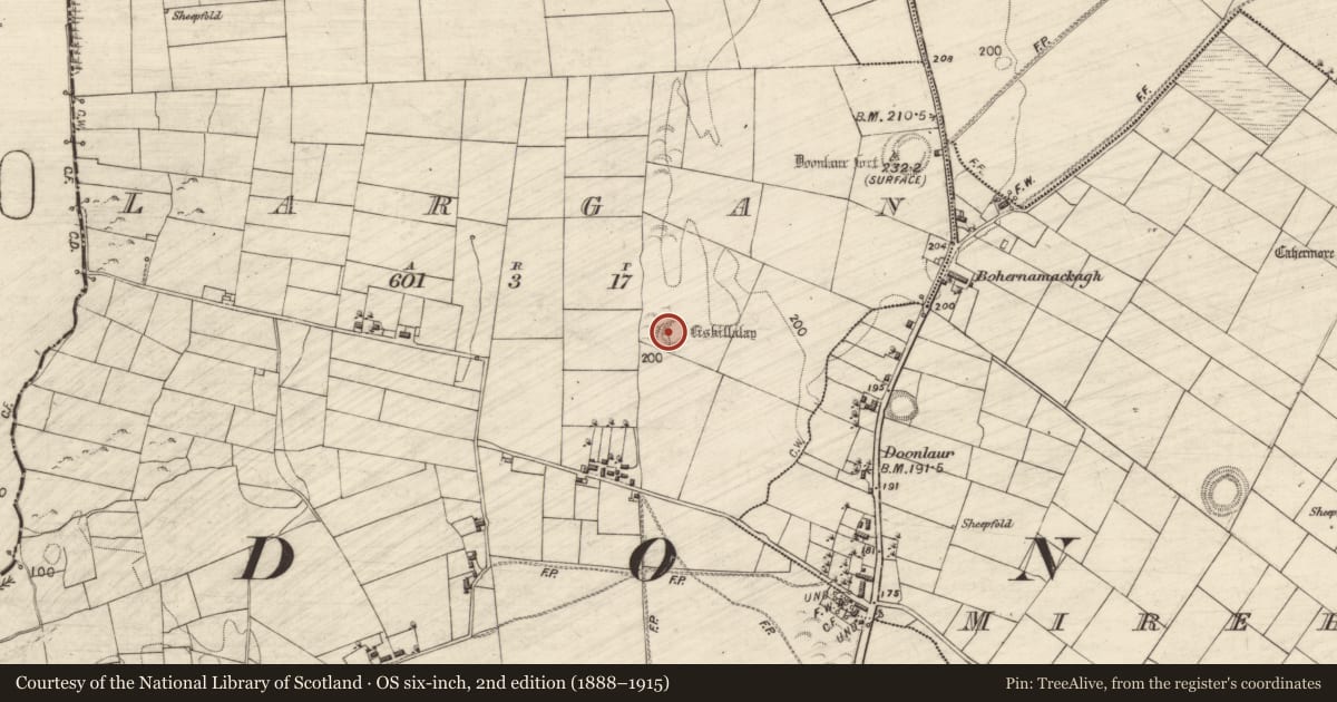 Ordnance Survey six-inch map, 2nd edition (1888–1915) covering the location of Ringfort - rath, Largan, County Galway, with a pin at the register's coordinates