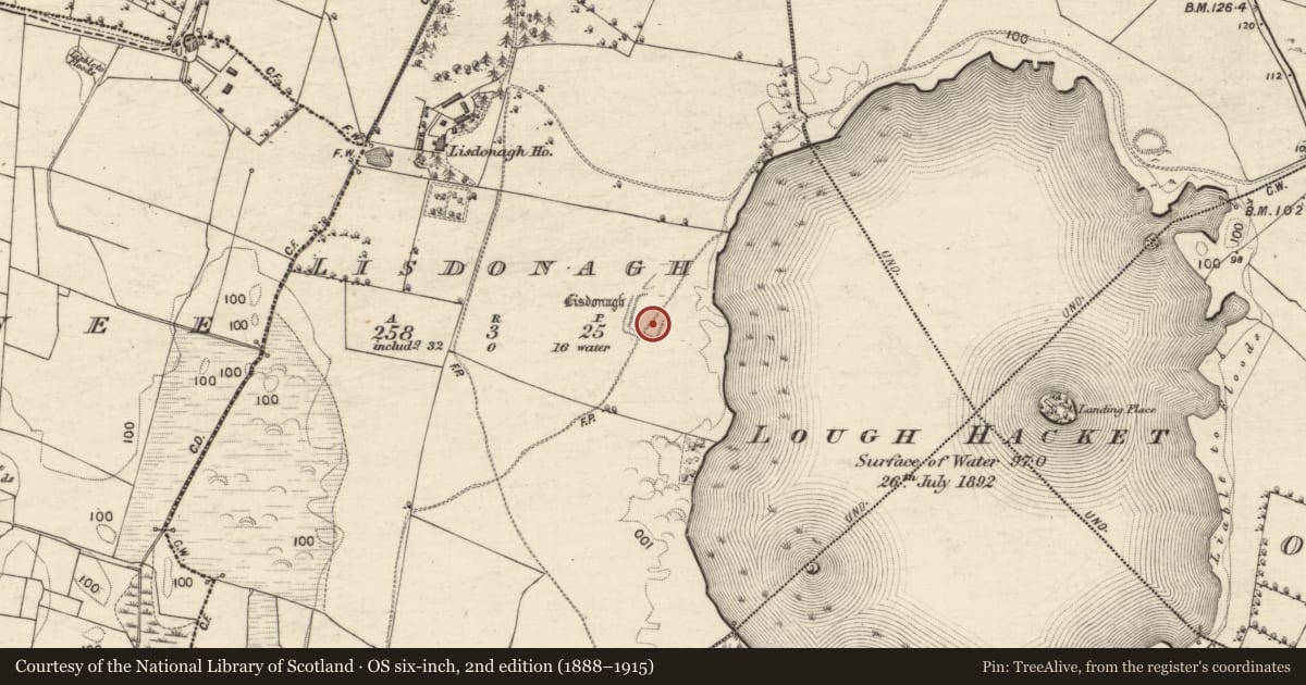 Ordnance Survey six-inch map, 2nd edition (1888–1915) covering the location of Moated site, Lisdonagh, County Galway, with a pin at the register's coordinates