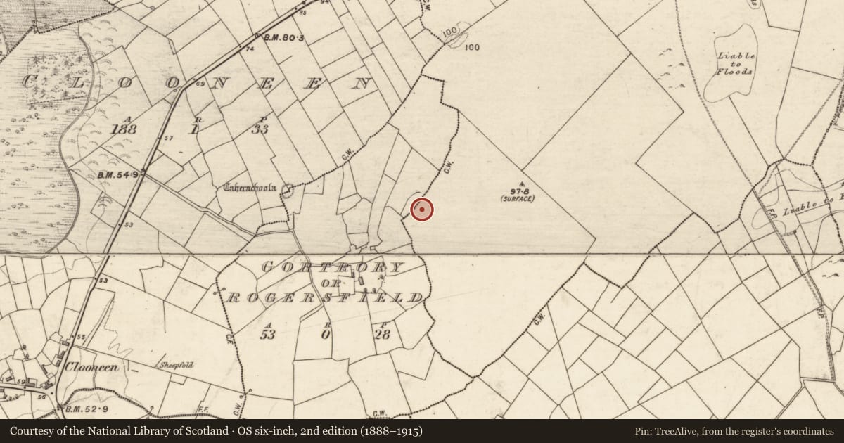 Ordnance Survey six-inch map, 2nd edition (1888–1915) covering the location of Enclosure, Gortrory Or Rogersfield, Liss, County Galway, with a pin at the register's coordinates