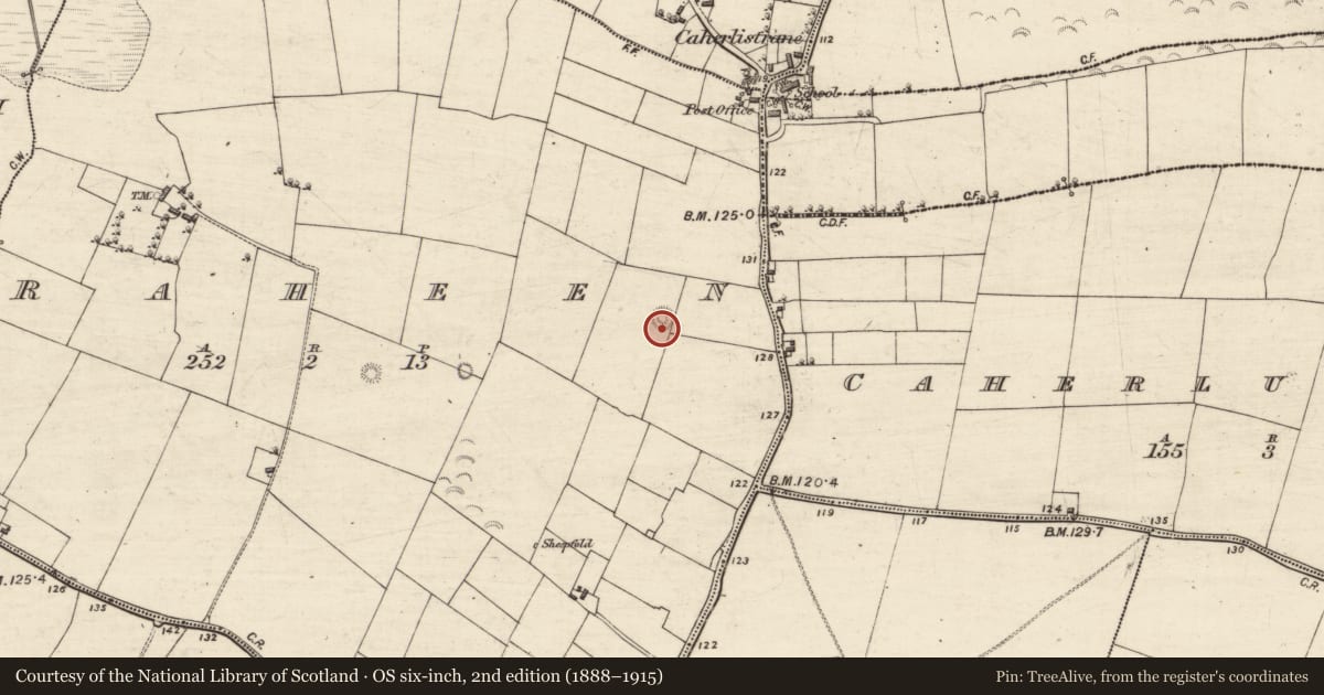 Ordnance Survey six-inch map, 2nd edition (1888–1915) covering the location of Barrow - bowl-barrow, Raheen, County Galway, with a pin at the register's coordinates