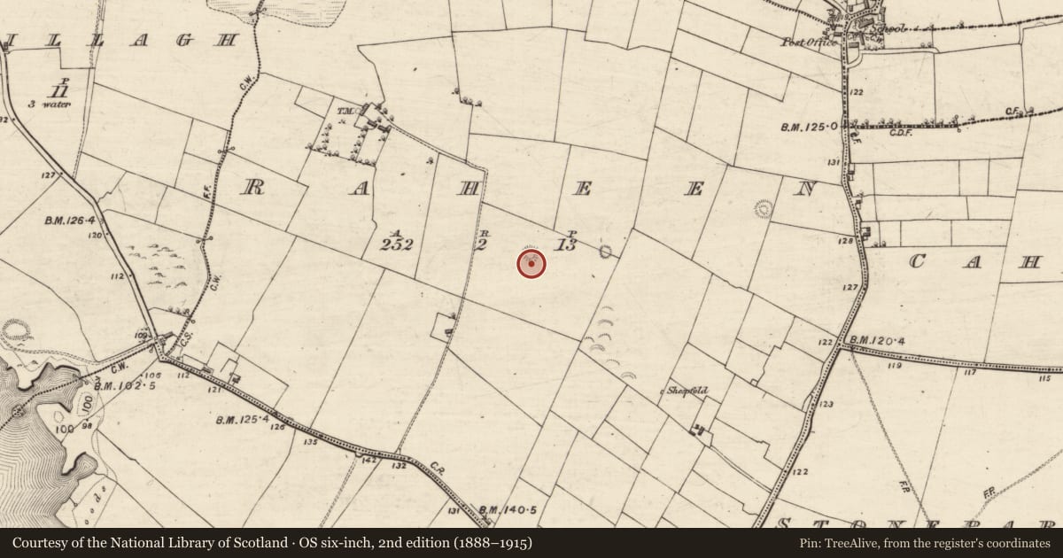 Ordnance Survey six-inch map, 2nd edition (1888–1915) covering the location of Barrow - ring-barrow, Raheen, County Galway, with a pin at the register's coordinates