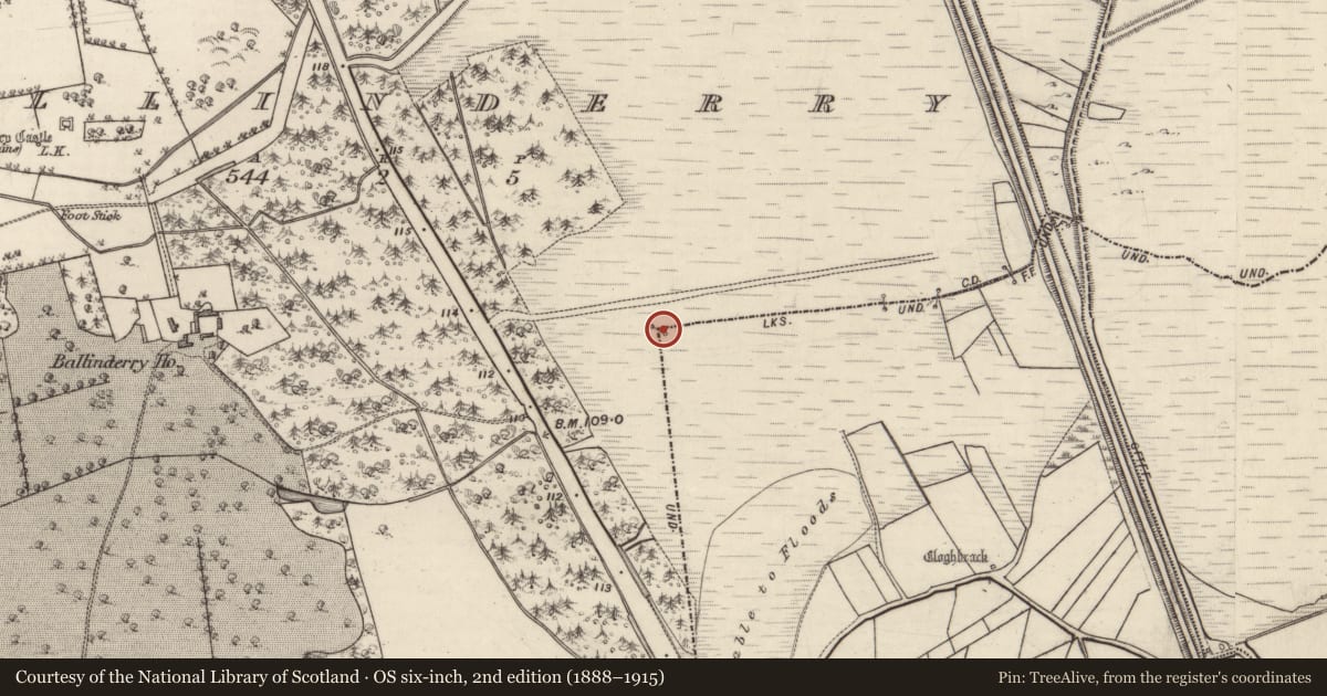 Ordnance Survey six-inch map, 2nd edition (1888–1915) covering the location of Boundary mound, Ballinderry, Doonbeg, County Galway, with a pin at the register's coordinates