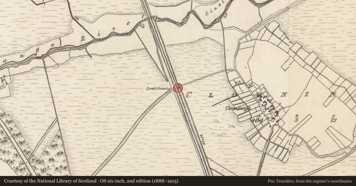 Ordnance Survey six-inch map, 2nd edition (1888–1915) covering the location of Road - gravel/stone trackway - peatland, Ballinderry, County Galway, with a pin at the register's coordinates