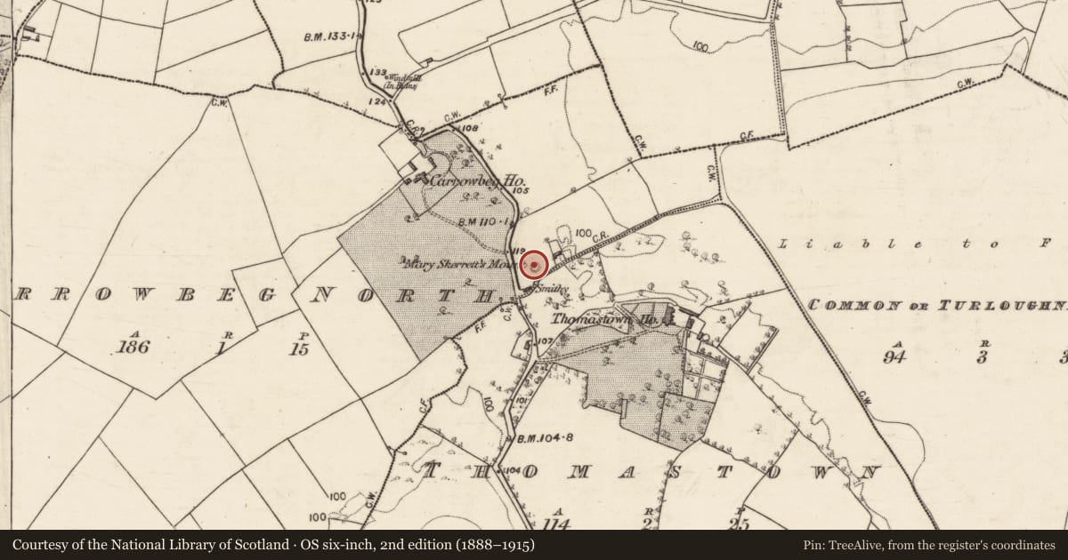 Ordnance Survey six-inch map, 2nd edition (1888–1915) covering the location of Burial mound, Carrowbeg North, County Galway, with a pin at the register's coordinates